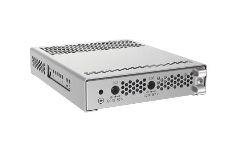 Compact industrial networking appliance with metal chassis, ventilation grilles, and multiple connectivity ports on white background