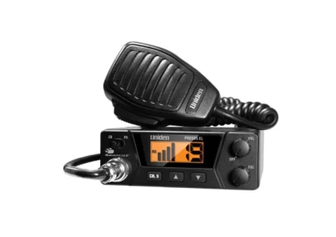 Black CB radio transceiver with microphone and orange display screen on white background
