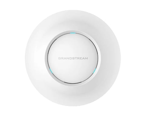 White Grandstream WiFi access point with circular design and blue indicator light