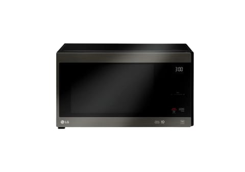 LG microwave oven with black exterior, digital display, and stainless steel base