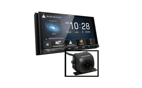 Kenwood car stereo display with Android Auto showing time 10:28, accompanied by a rear-view camera module