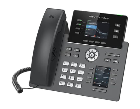 Grandstream IP desk phone with handset, numerical keypad, and color display screen on dark background