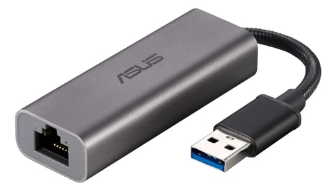 ASUS USB 3.0 to Ethernet adapter with gray metal housing and black braided cable