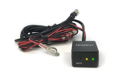 Uniden electronic device with black casing, power cord, and red/black wiring connected to RCA connectors