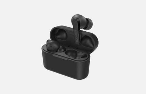 Black wireless earbuds with charging case on white background