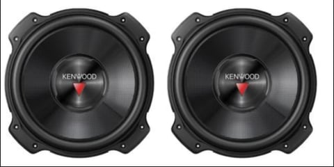 Pair of black Kenwood car subwoofers with large cone drivers and metal surrounds