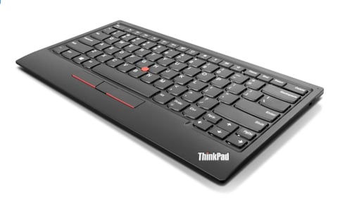 Black ThinkPad wireless keyboard with trackpad and red accent keys