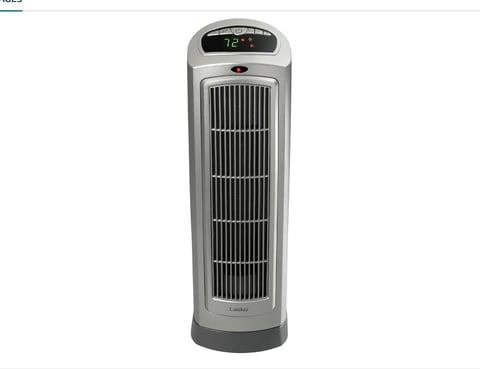 Tall cylindrical air purifier with digital display panel, vertical slats, and dark gray base on white background