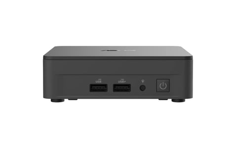 Compact black desktop computer mini PC with USB ports, power button, and ventilation grilles on front panel