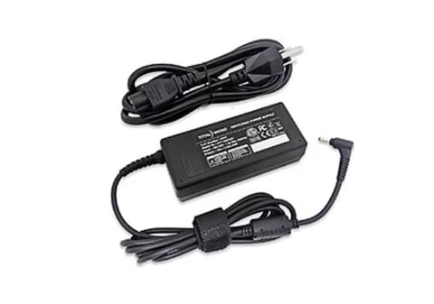 Black laptop power adapter with AC cord and DC connection cables