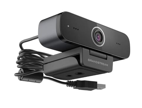 Black Grandstream webcam with USB cable on white background