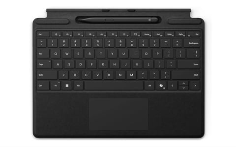 Black tablet keyboard cover with built-in stand and touchpad