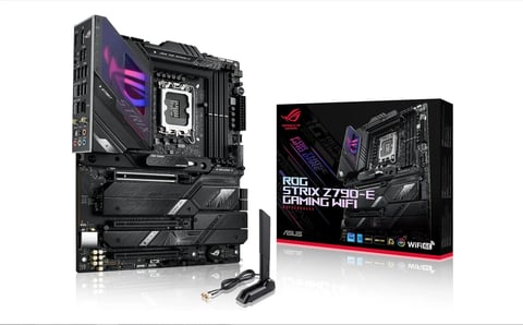 ASUS ROG STRIX Z790-E gaming motherboard displayed with product box and antenna