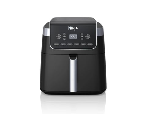 Black Ninja air fryer with digital display showing 450 degrees and control panel buttons