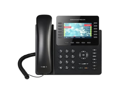 Black Grandstream IP phone with large color screen display, numeric keypad, and curled handset on left side
