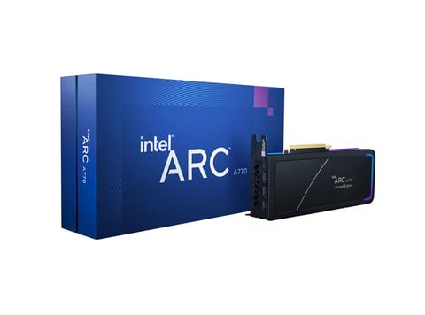 Intel Arc A770 graphics card with blue retail packaging box displayed side by side