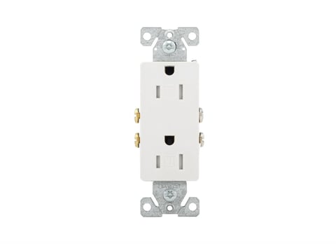 White dual electrical outlet with mounting bracket and brass screws on white background