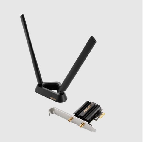 Black Wi-Fi PCI Express adapter card with two external antennas mounted on base