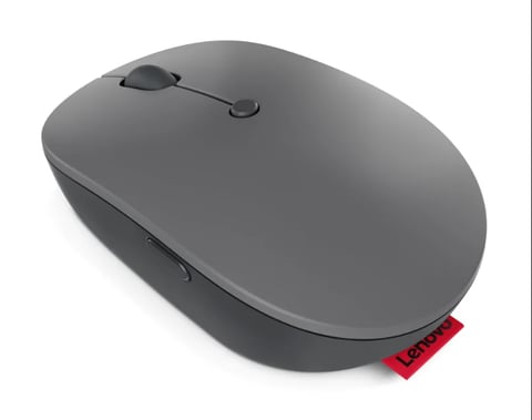 Gray wireless mouse with scroll wheel and red Lenovo logo on dark base