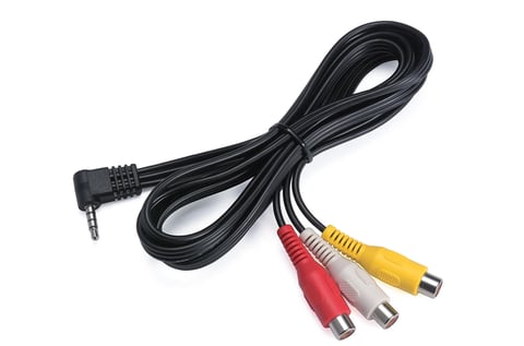 Black audio video cable with 3.5mm jack connector and three colored RCA plugs in red, white, and yellow