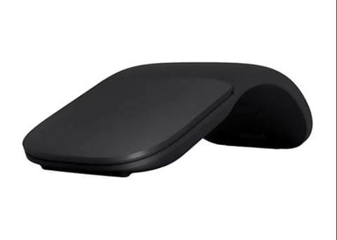 Black ergonomic computer mouse with curved design and split pad sections on white background