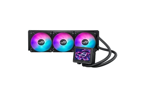 Liquid cooler with three RGB fans glowing in pink and cyan colors, featuring a pump head with cable attached
