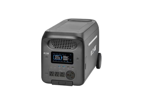 Black portable power generator with digital display panel and wheels, featuring front control buttons and ventilation grille