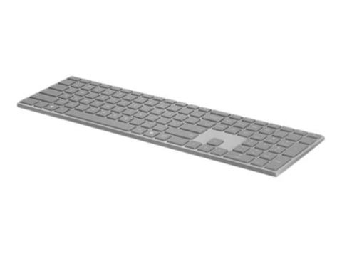Sleek gray wireless keyboard with numeric keypad on white background