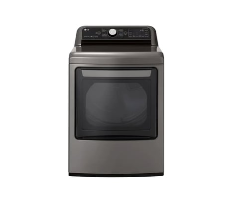 Stainless steel front-load electric dryer with black controls and dark gray drum interior