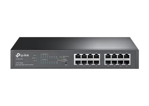 TP-Link network switch with 16 ethernet ports arranged in two rows on a dark gray chassis