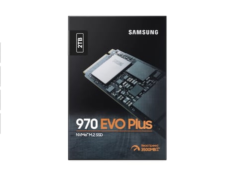 Samsung 970 EVO Plus NVMe M.2 SSD retail box packaging with product image and specifications