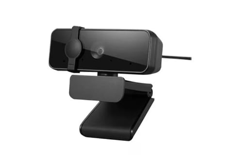 Black webcam with mounting clip and USB cable on white background