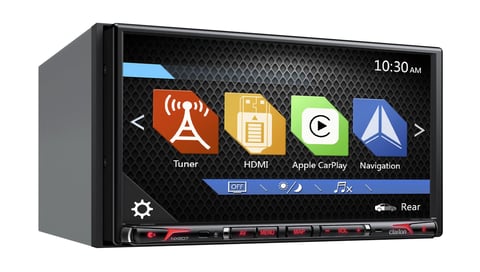 Double-din car stereo with 6.2-inch touchscreen displaying app icons including Tuner, HDMI, Apple CarPlay, and Navigation