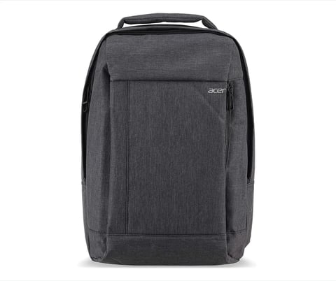 Gray Acer laptop backpack with top handle and multiple compartments on white background