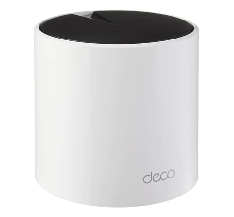 White cylindrical Deco Wi-Fi router with black top opening and subtle logo