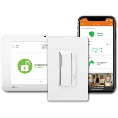 Smart home security system displayed on tablet, smart light switch, and smartphone showing security status, temperature, and garage door control