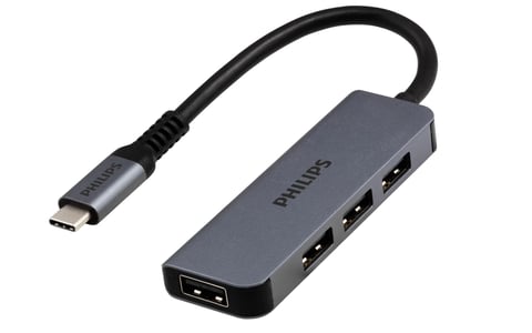 Philips USB-C hub with multiple USB ports and black cable on dark gray adapter