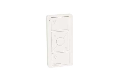 White wireless remote control with three buttons and a circular dial in the center