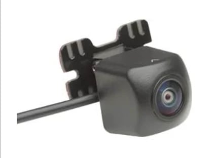 Compact gray car dashboard camera with mounting bracket and cable on white background