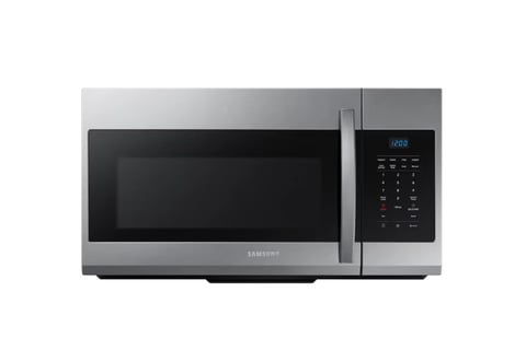 Samsung stainless steel over-the-range microwave with black control panel and window