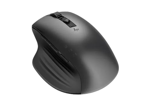 Black ergonomic computer mouse with contoured shape and side buttons on white background