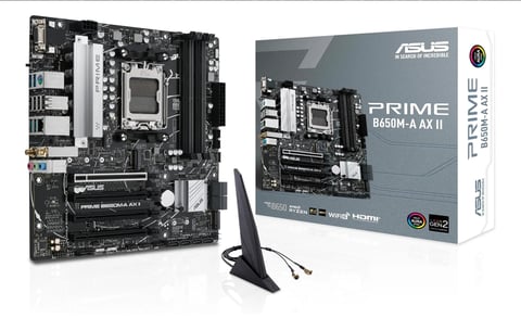 ASUS Prime B450M-A AX II motherboard with box, antenna, and cables displayed