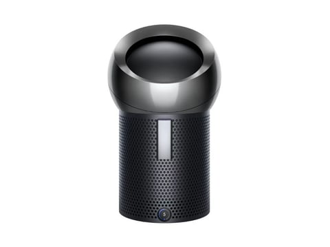 Cylindrical air purifier with dark perforated body, metallic top cap, and illuminated front indicator strip