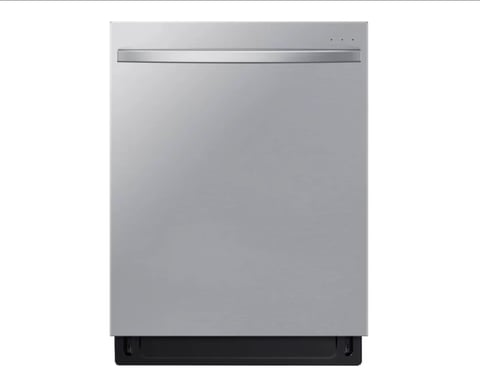 Stainless steel built-in dishwasher with black base and control panel
