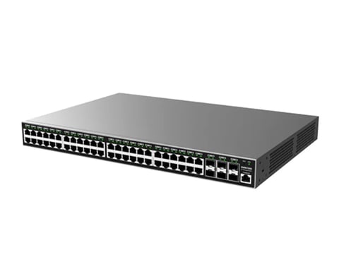 Black network switch with multiple ethernet ports arranged in rows on the front panel