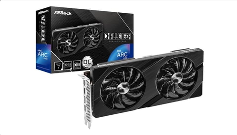 ASRock Arc graphics card with dual fans shown with retail packaging box on white background
