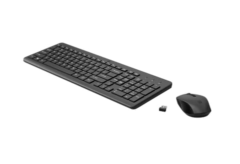 Black wireless keyboard and mouse set with USB receiver on white background
