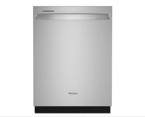 Stainless steel Whirlpool built-in dishwasher with closed door and control panel at top