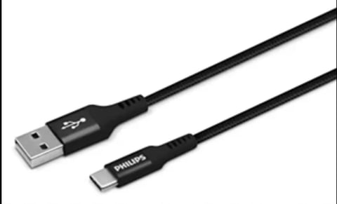 Black USB to USB-C cable with Philips branding on white background