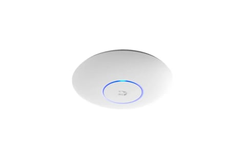White ceiling-mounted wireless access point with blue illuminated status indicator ring